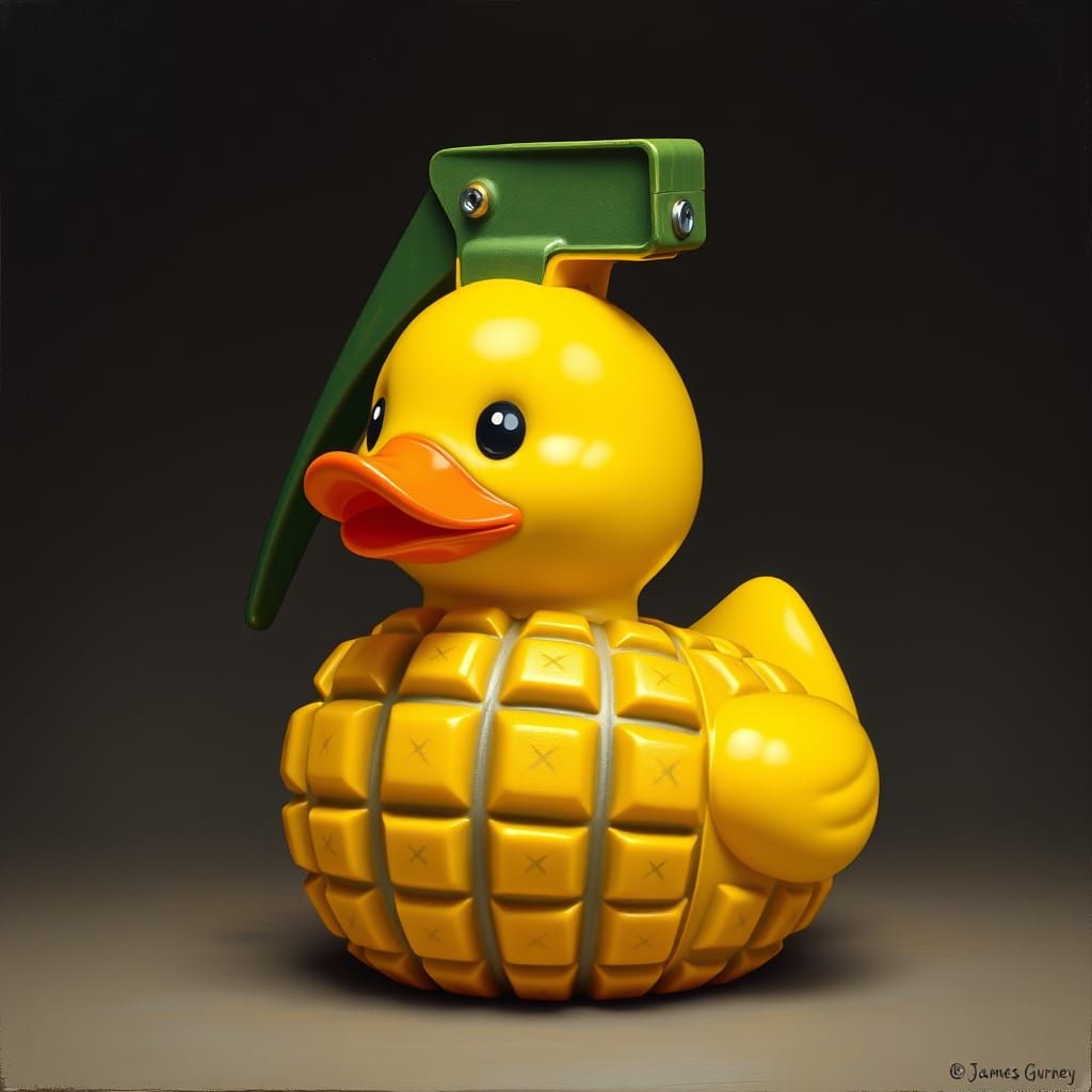 A hyper-realistic rubber duck designed to look like a hand grenade. The duck is bright yellow with a textured, segmented...