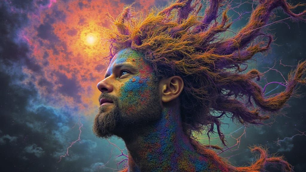 Fractal Faced Man with Rainbow Moss and Roots