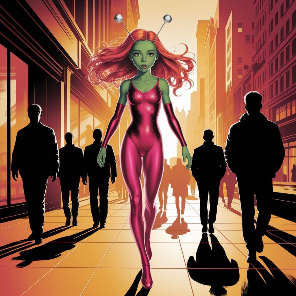 Alien Superheroine in Comic Book Style Cityscape