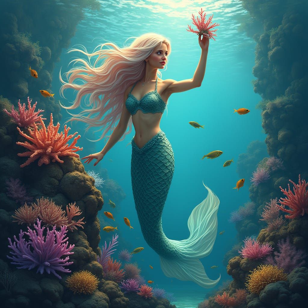 Bioluminescent Mermaid's Coral Garden: Digital Art