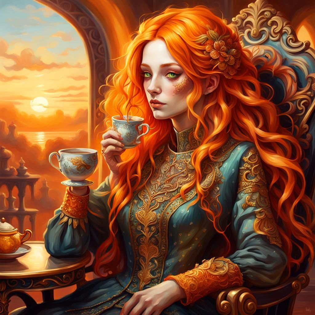 Sunset Tea: Fantasy Oil Painting of Woman