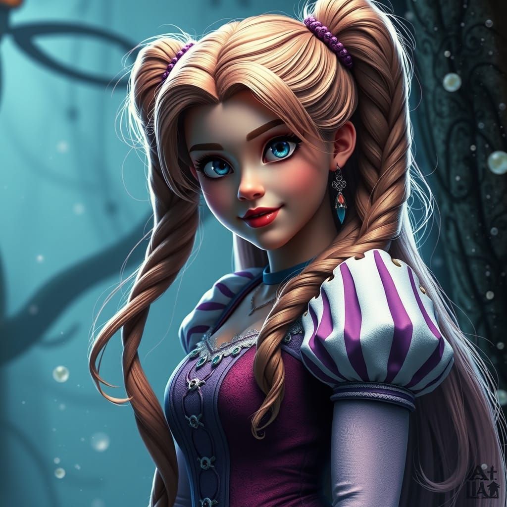 Rapunzel Unleashed as Dark Siren in Cyberpunk Splendor