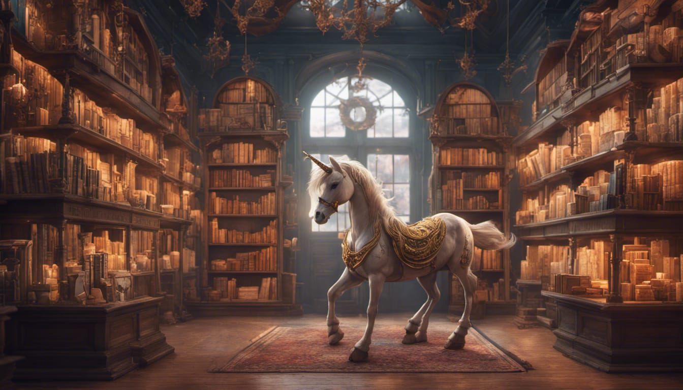 Tiny Unicorn in Magic Bookstore: Fantasy Concept Art