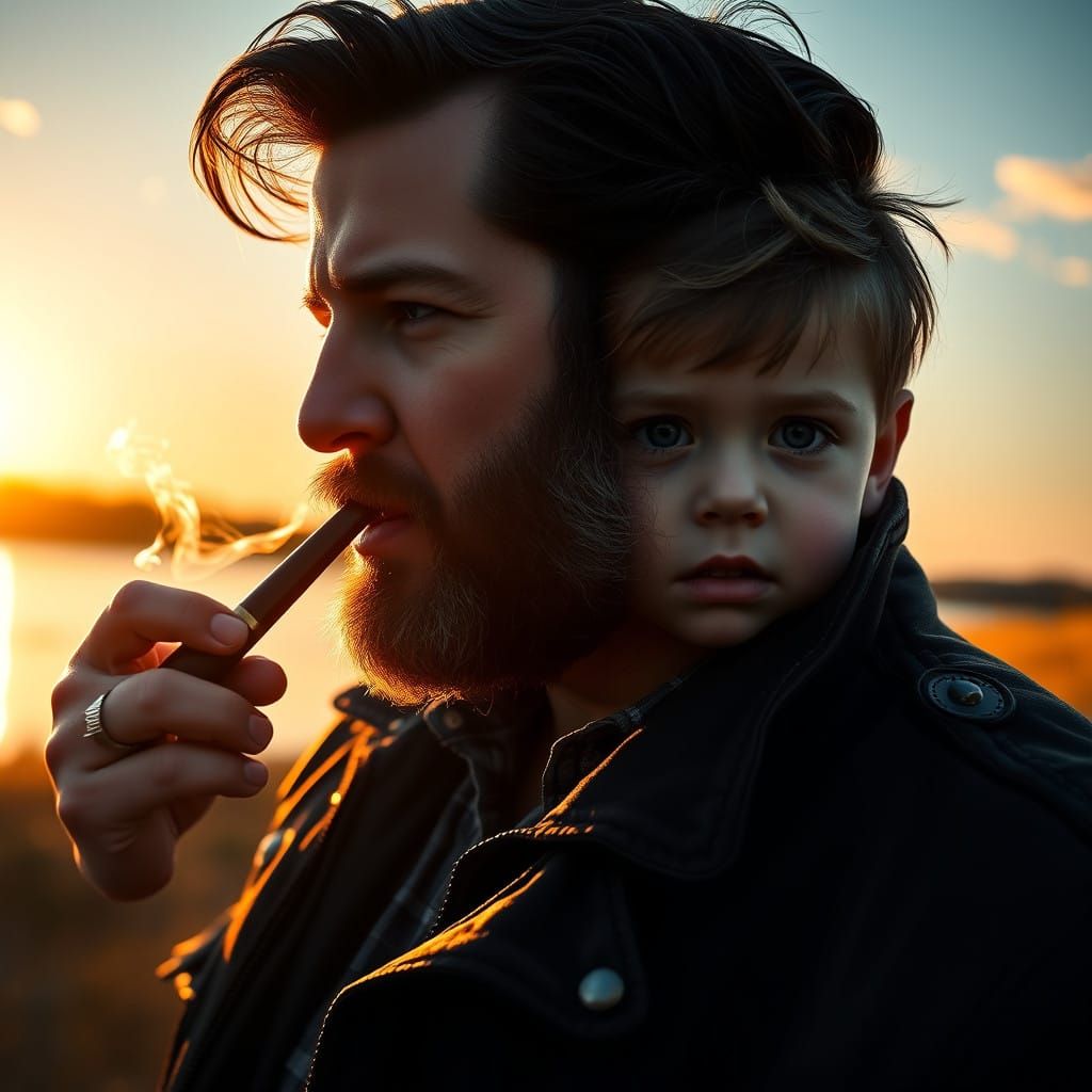 Rugged Senator with Son on Riverbank in Cinematic Lighting