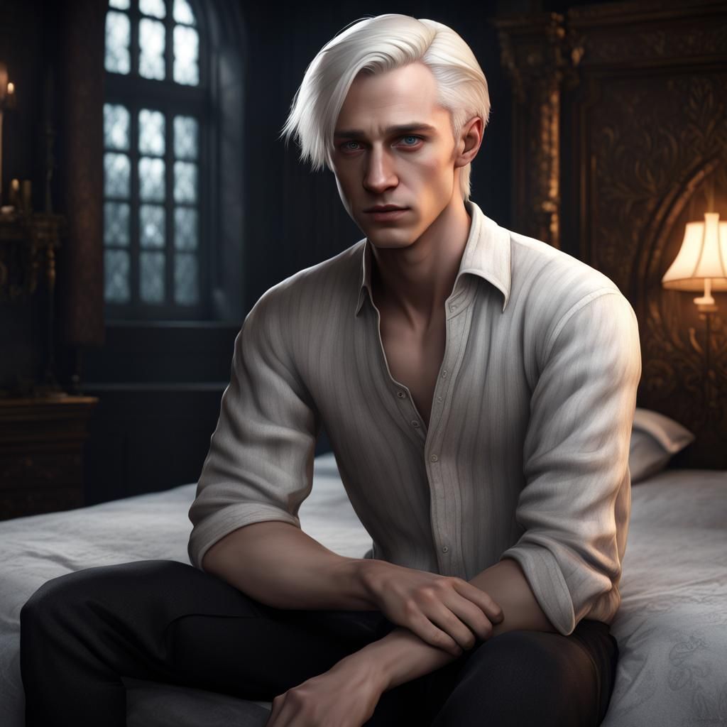 Attractive Young Man with White Hair in Bedroom