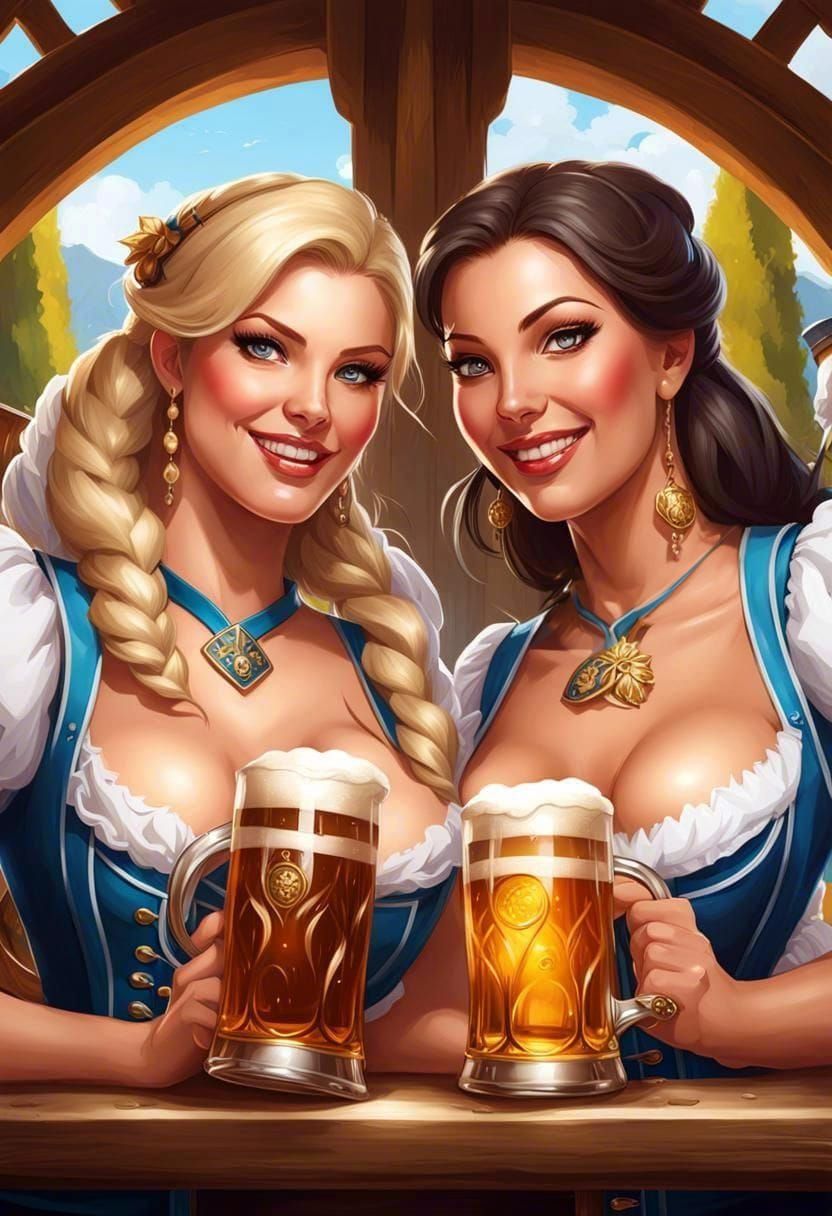 Oktoberfest Scene with Busty Ladies, Digital Painting
