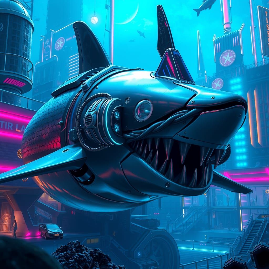 Cybernetic Hammerhead Shark in Neon Cityscape