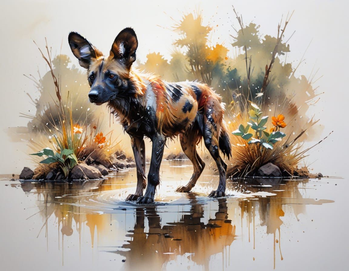 African Wild Dog Pauses by Sunlit Waterhole