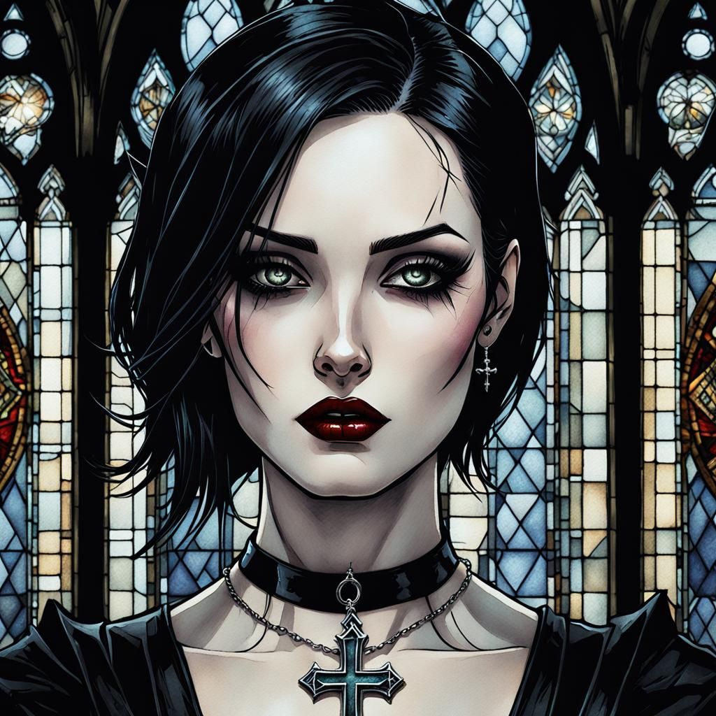 Gothic Comic Portrait of Elegant Goth Girl
