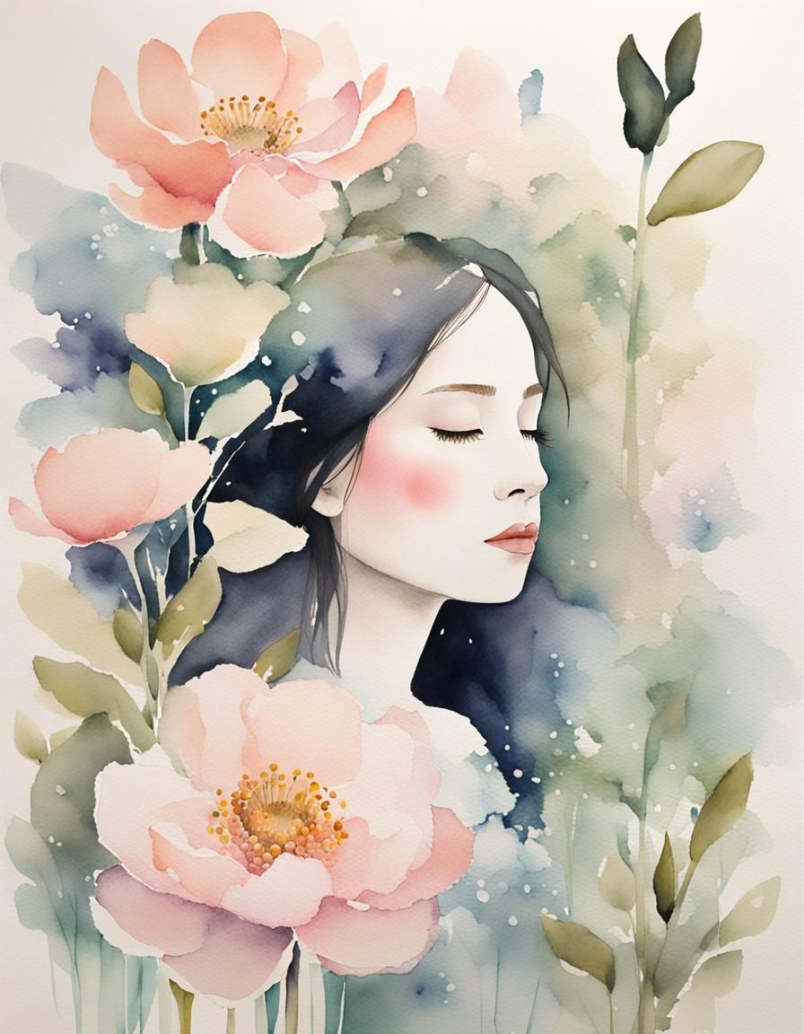 Watercolor Woman Embraced by Gentle Florals