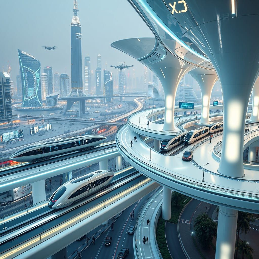 Cyberpunk Transportation Hub with Hyperloop Stations and Flo...