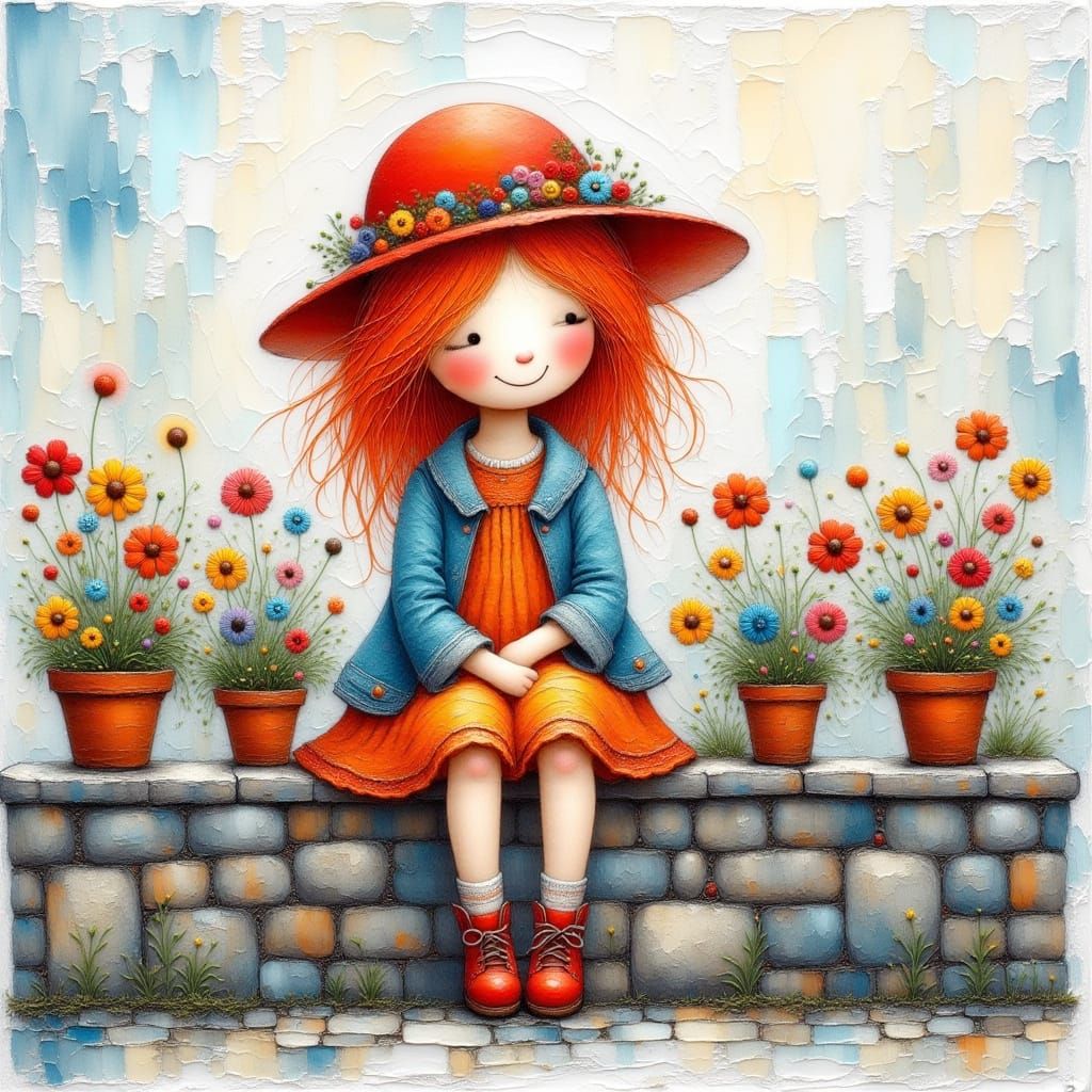 Adorable Girl in Red Hat on Flower Wall