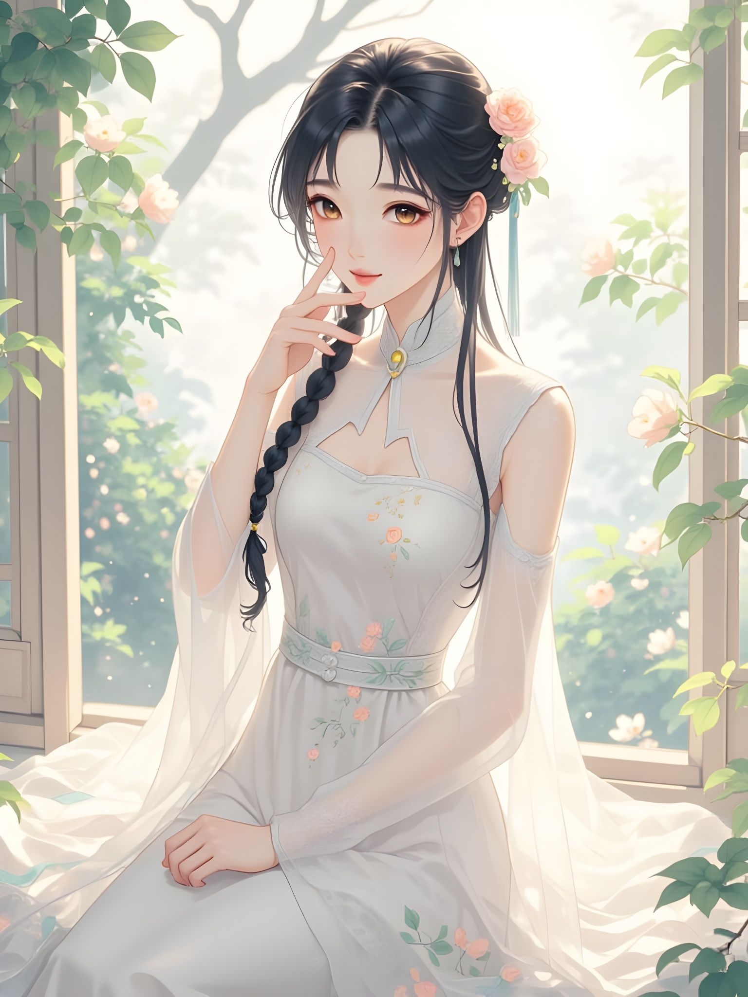 Woman in Qipao with Floral Embroidery, Donghua Style