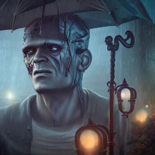 Frankenstein Umbrella Portrait in Detailed Matte Painting