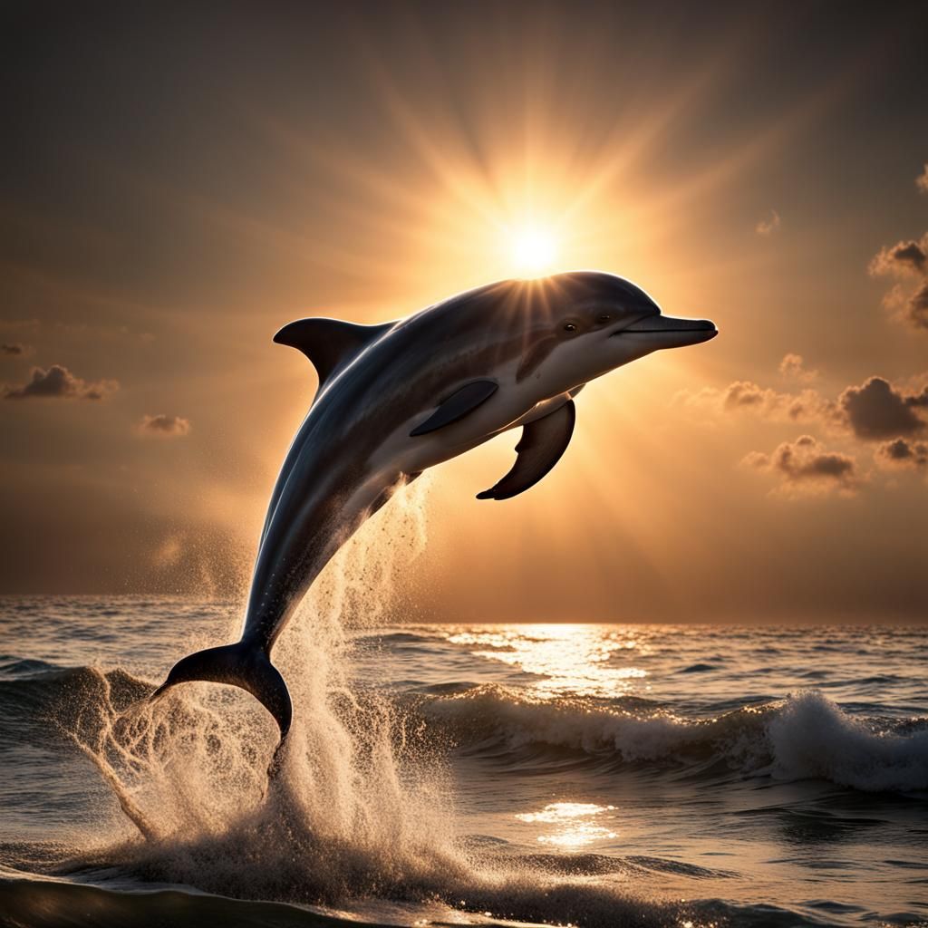 Hyperrealistic Dolphin Leaping at Sunset Near Beach