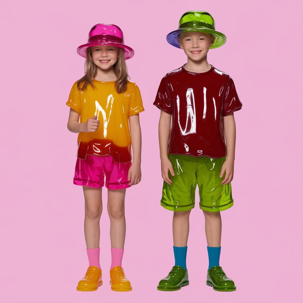 Kids in Colorful Jelly Clothes and Shoes