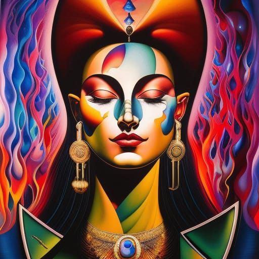 Surreal Woman with Melting Glass, Oil Painting Style