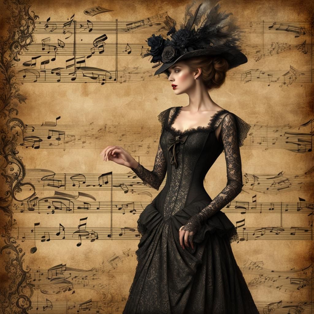 Elegant Vintage Lace Gown on Music Paper