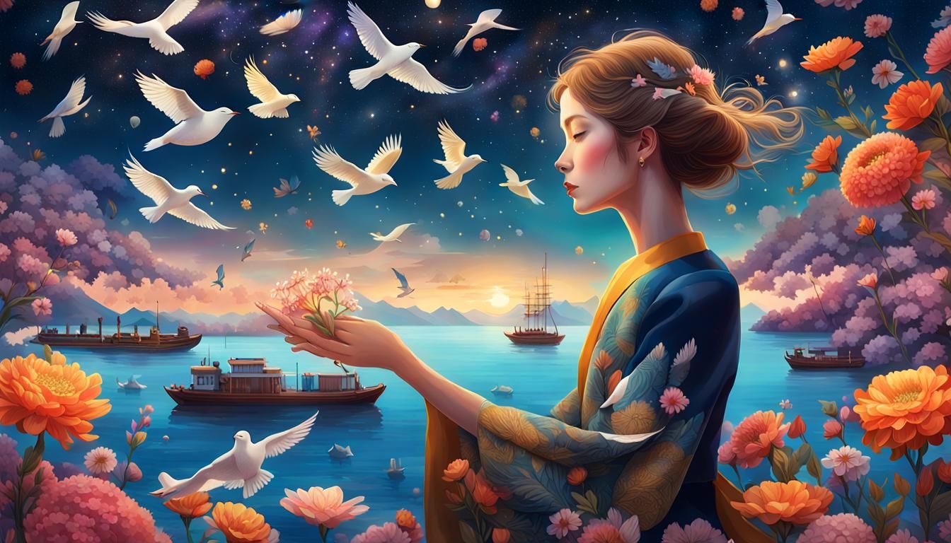 Woman Holding Galaxy with Birds and Flowers