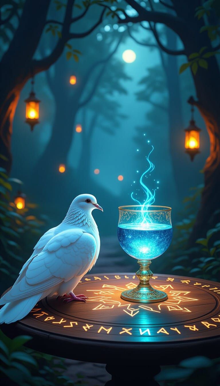 Mystical Forest Night Scene with White Dove and Glowing Chal...