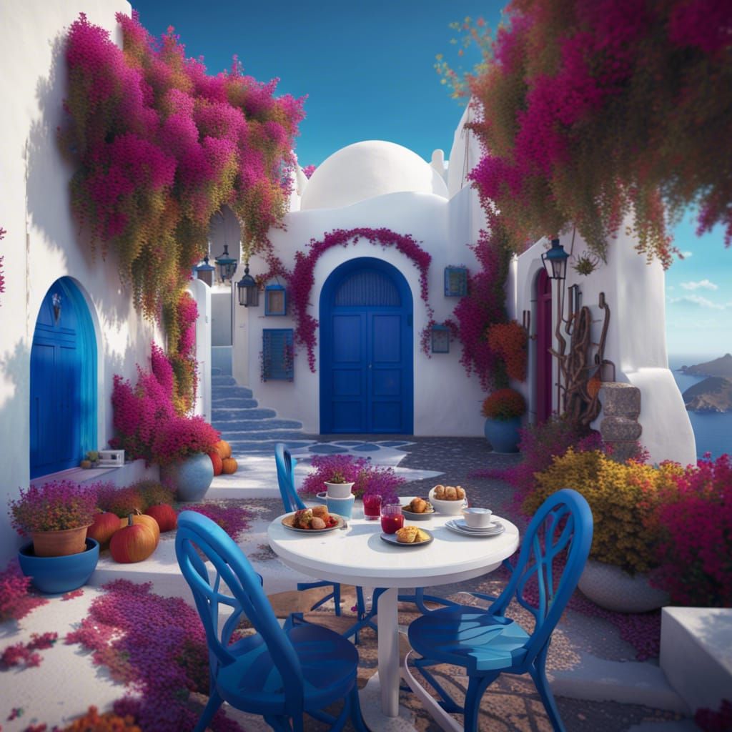 Santorini Cafe in Autumn: Hyper-Realistic 8K Scene