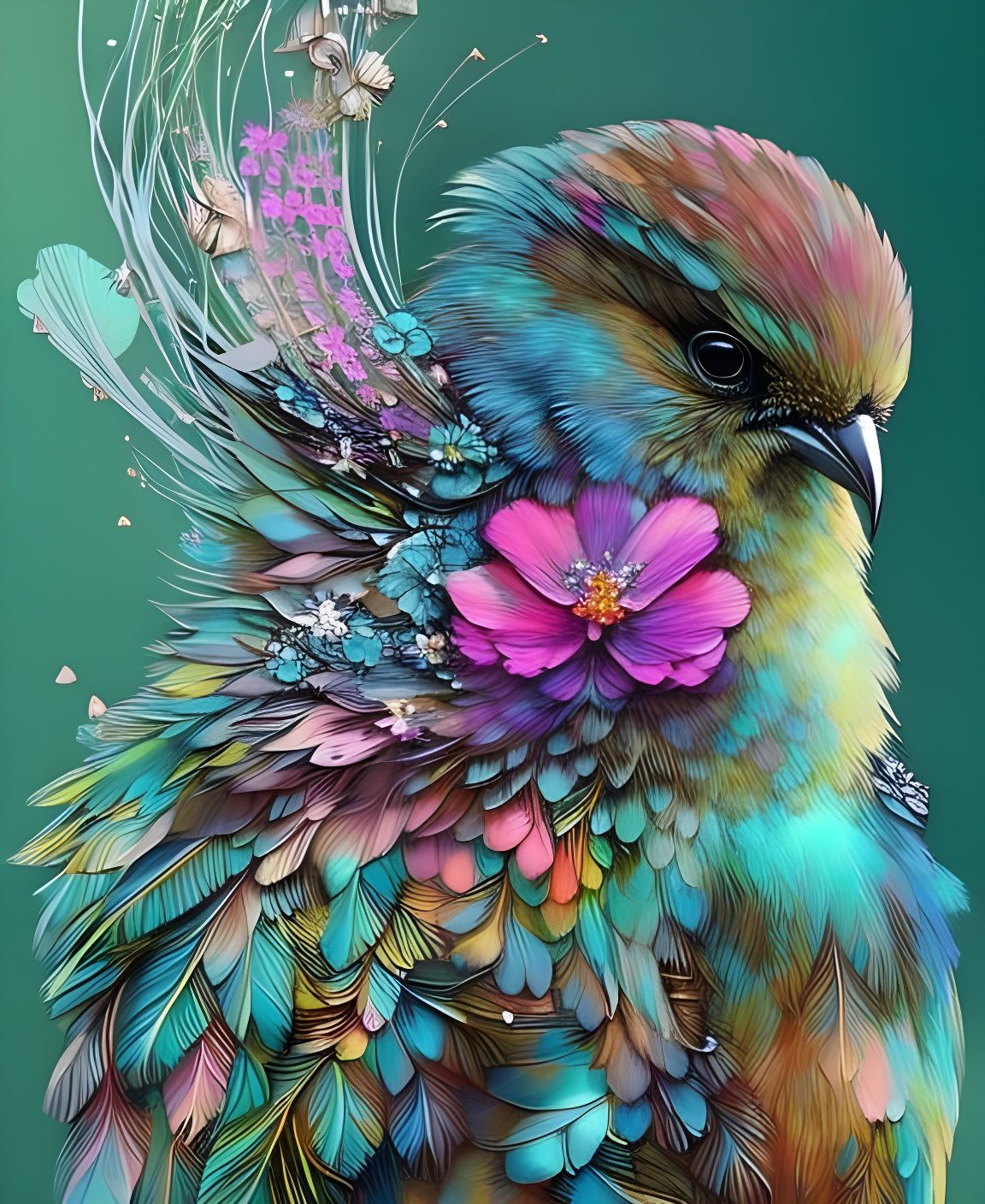Fluffy Bird Portrait with Flowers, Digital Art