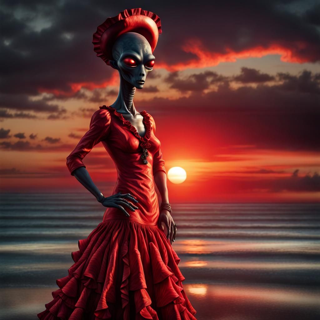 Alien Flamenco Dancer at Sunset: Photorealistic Image