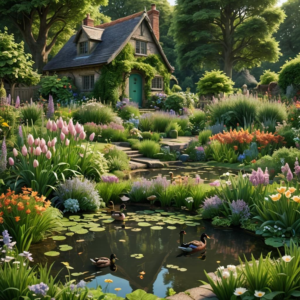 English Cottage Garden with Pond, Detailed Matte Painting
