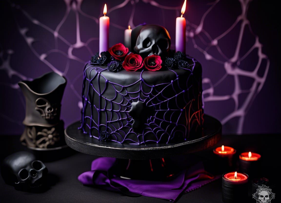 Gothic Skull Cake with Spiderwebs and Black Candles
