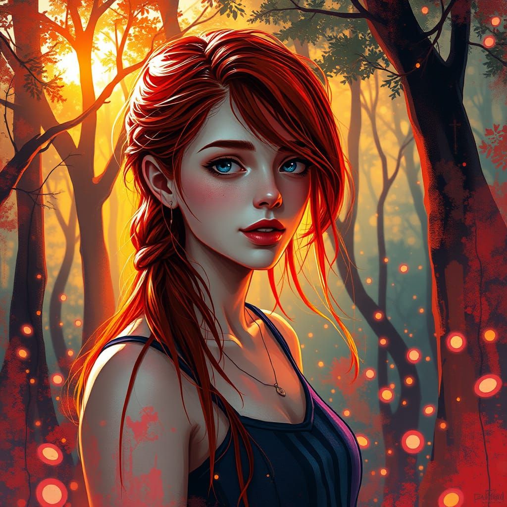 Surreal Goddess Amidst Whimsical Forest of Fireflies at Sunr...