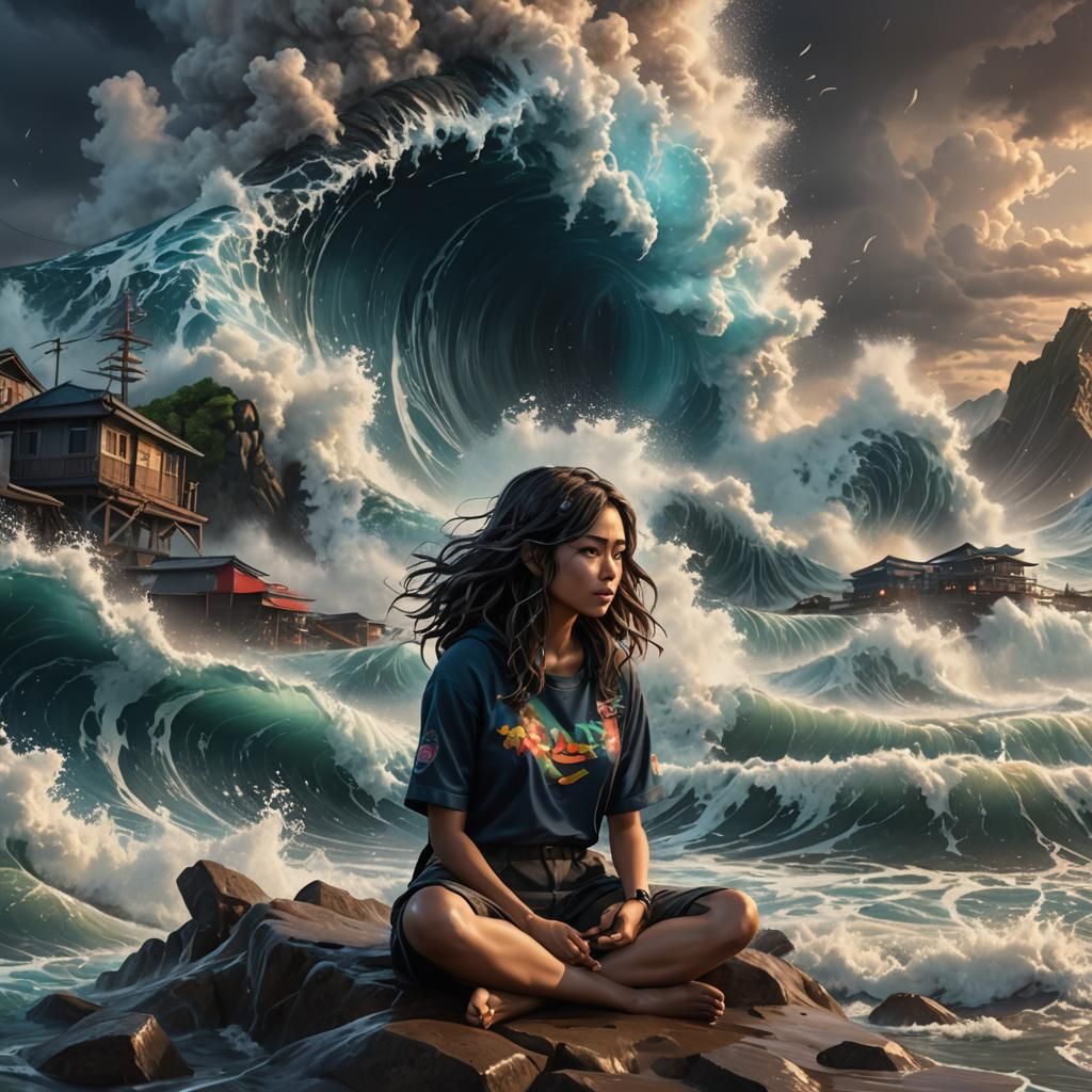 Girl in Pin Art Style with Tsunami Backdrop
