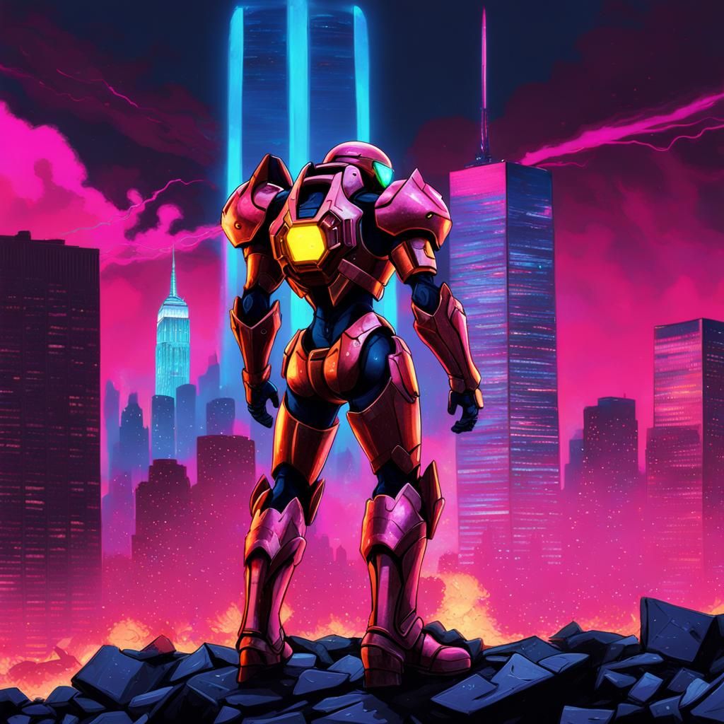 Samus Aran in Synthwave Ruins