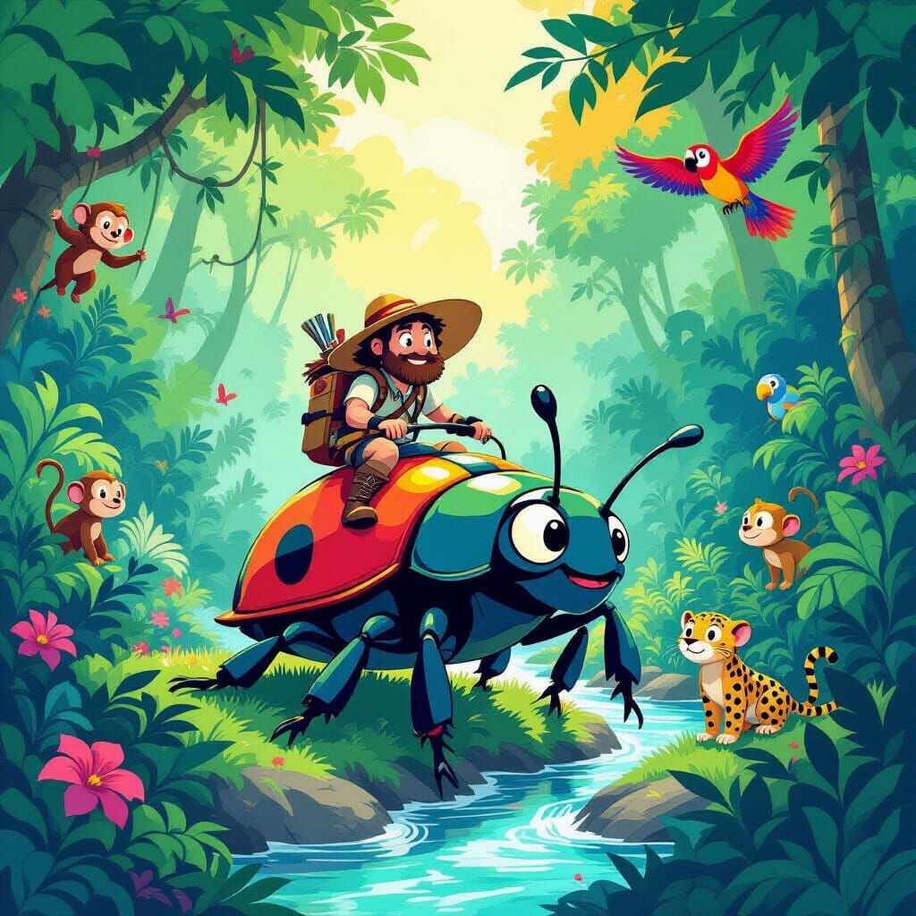 Explorer Rides Giant Beetle in Whimsical Jungle Cartoon