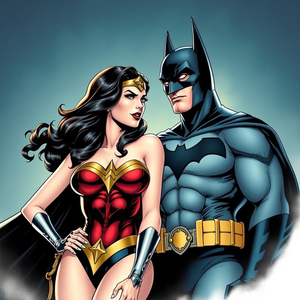 Wonder Woman and Batman in Romantic Comic Book Art