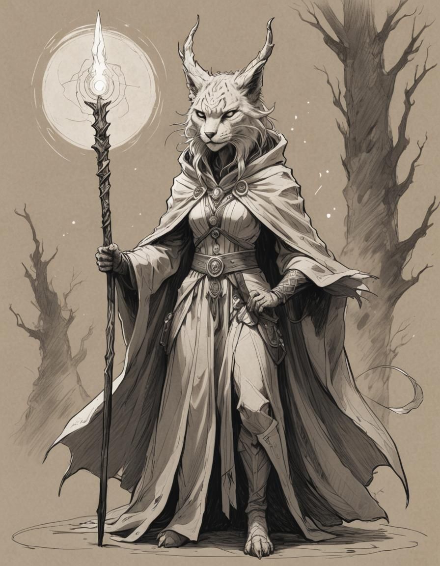 Towering Lynx Sorceress Sketch with Mystic Staff