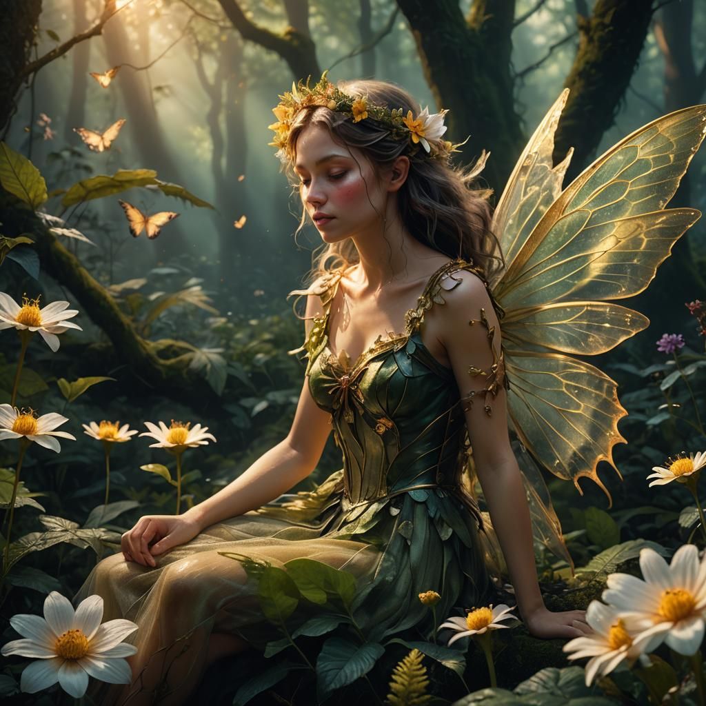 Fairy Resting in Mystical Forest, Cinematic Art