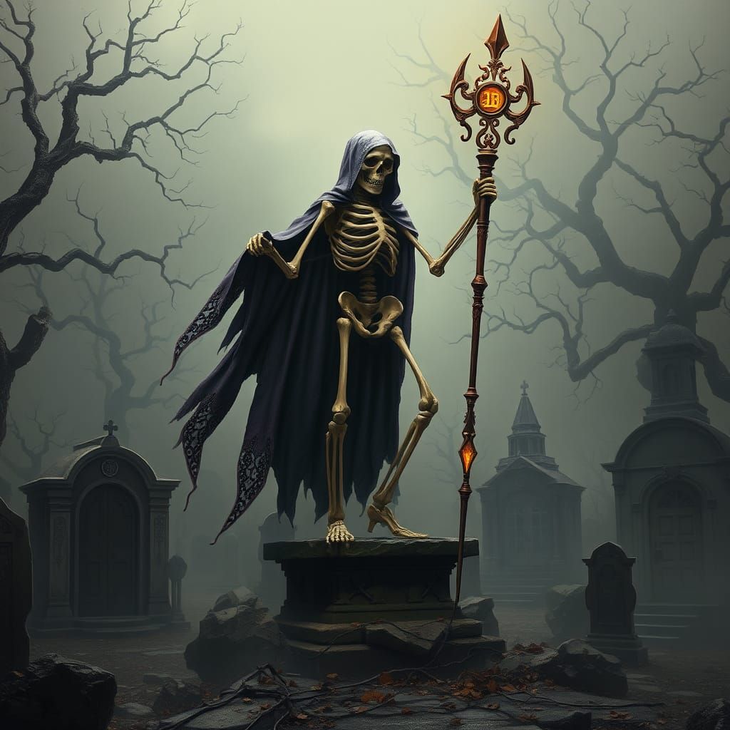 Regal Skeleton in Mist-Shrouded Cemetery, Dark Fantasy