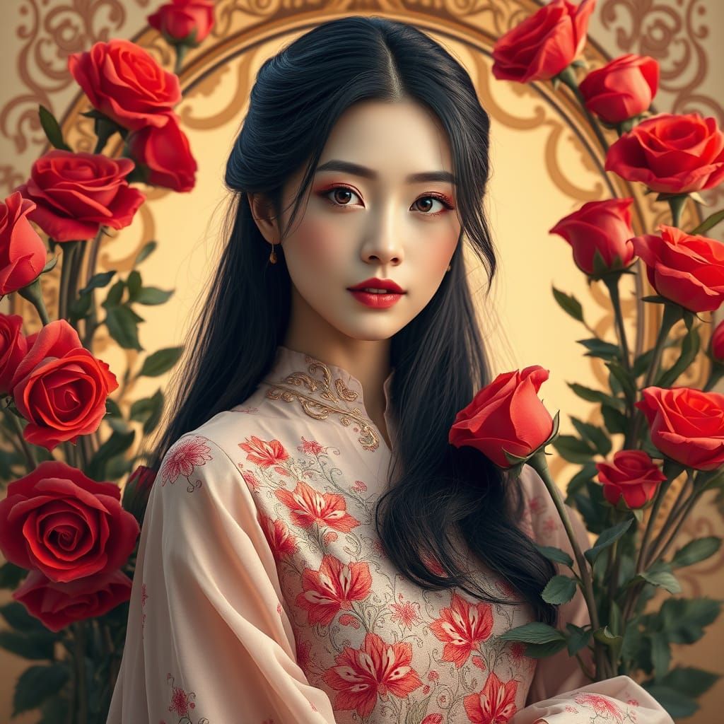 Exquisite Asian Beauty Posed in Art Nouveau-Inspired Floral ...