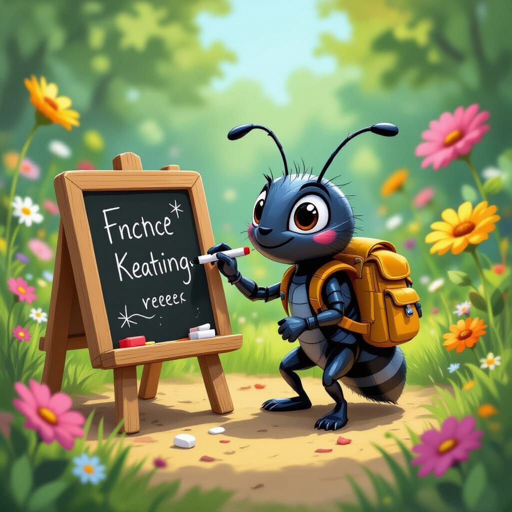 Whimsical Ant Writes with Chalk in Vibrant Garden