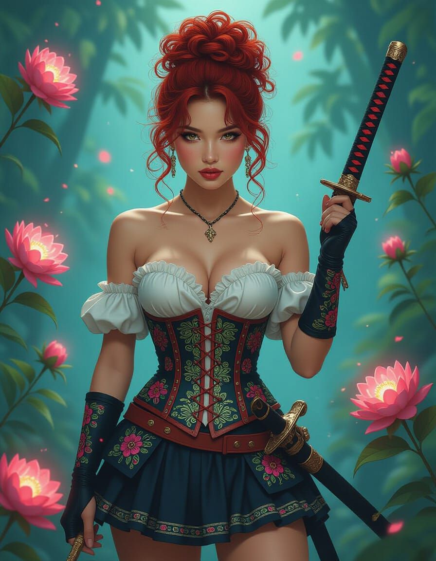 Stunning Hmong woman with curly red hair in a messy bun. Cor...