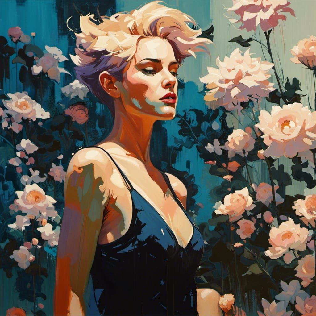 Punk Woman Surrounded by Flowers in Watercolor Style