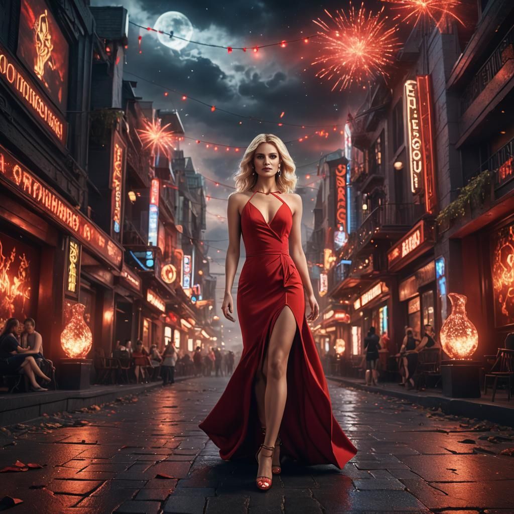 Blonde Woman in Red Dress, Fantasy Digital Art
