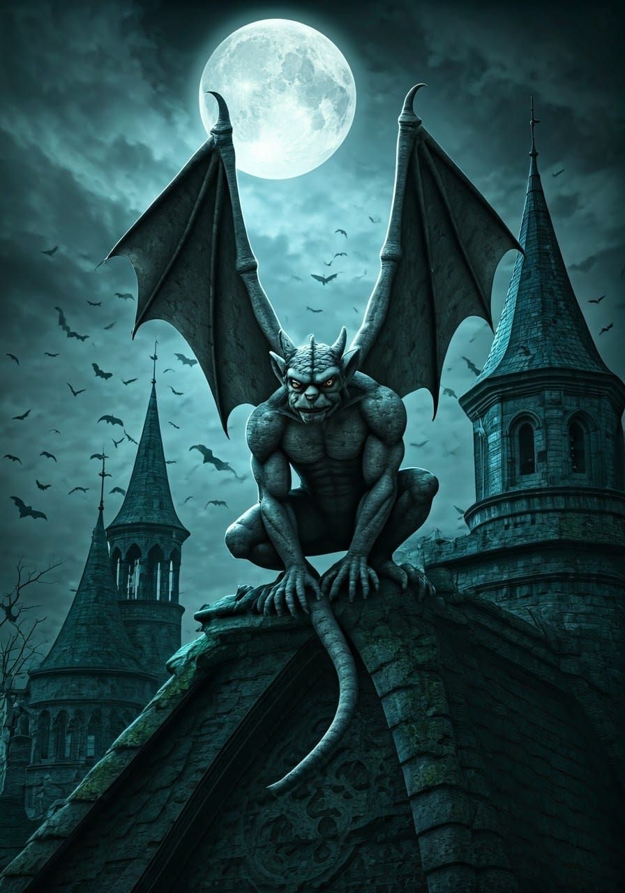Gargoyle on Haunted Castle in Dark Gothic Style