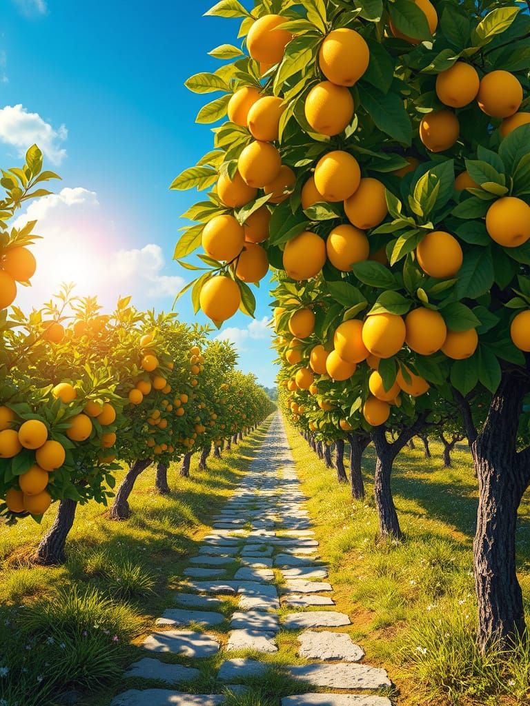 Sunlit Lemon Orchard in Digital Painting Style