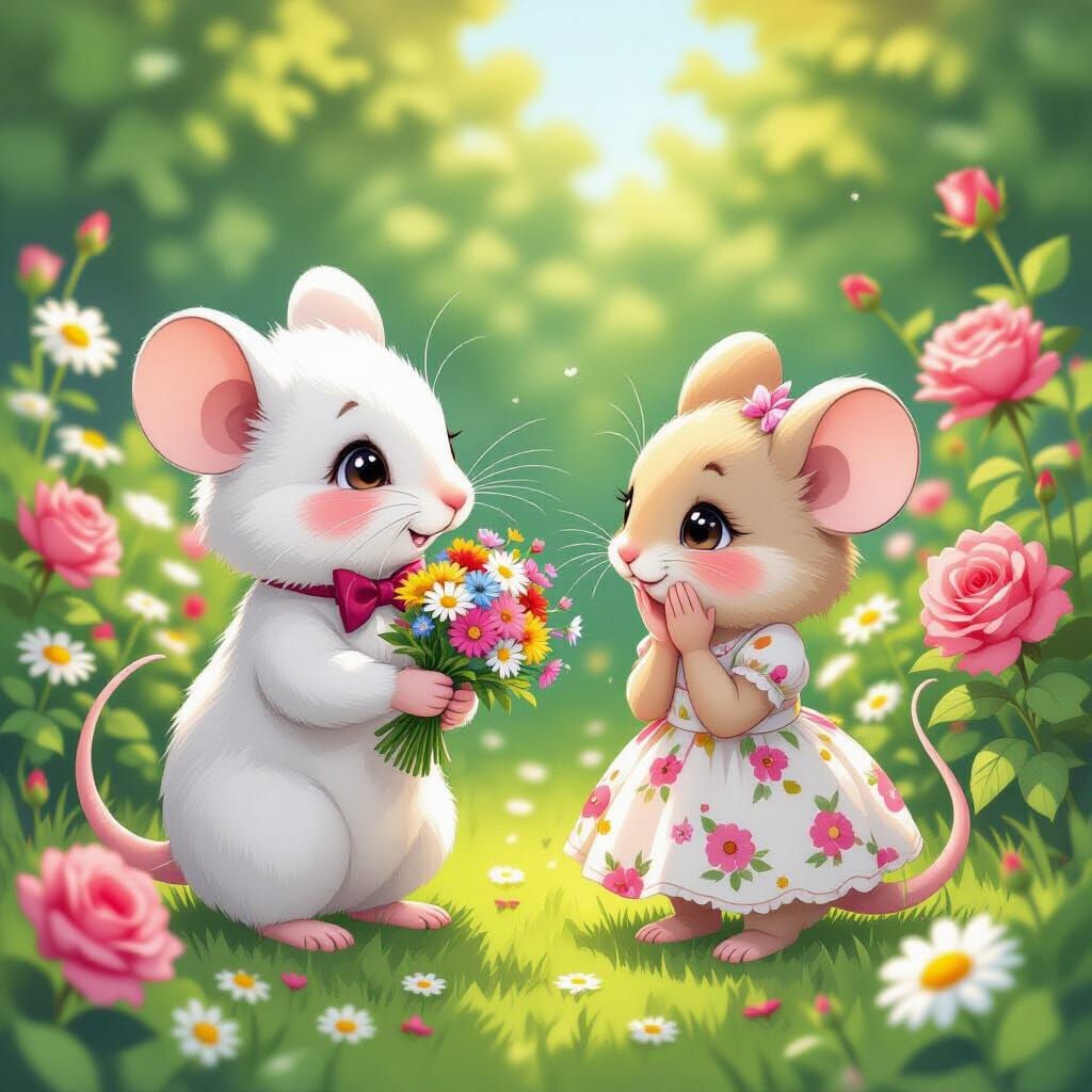 Manga-Style Mice Courtship in Flower Garden