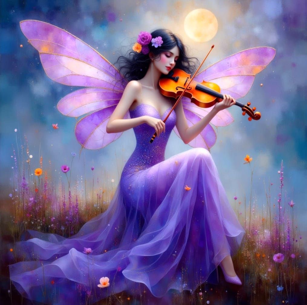 Ethereal Asian Fairy Plays Violin Under Starry Twilight