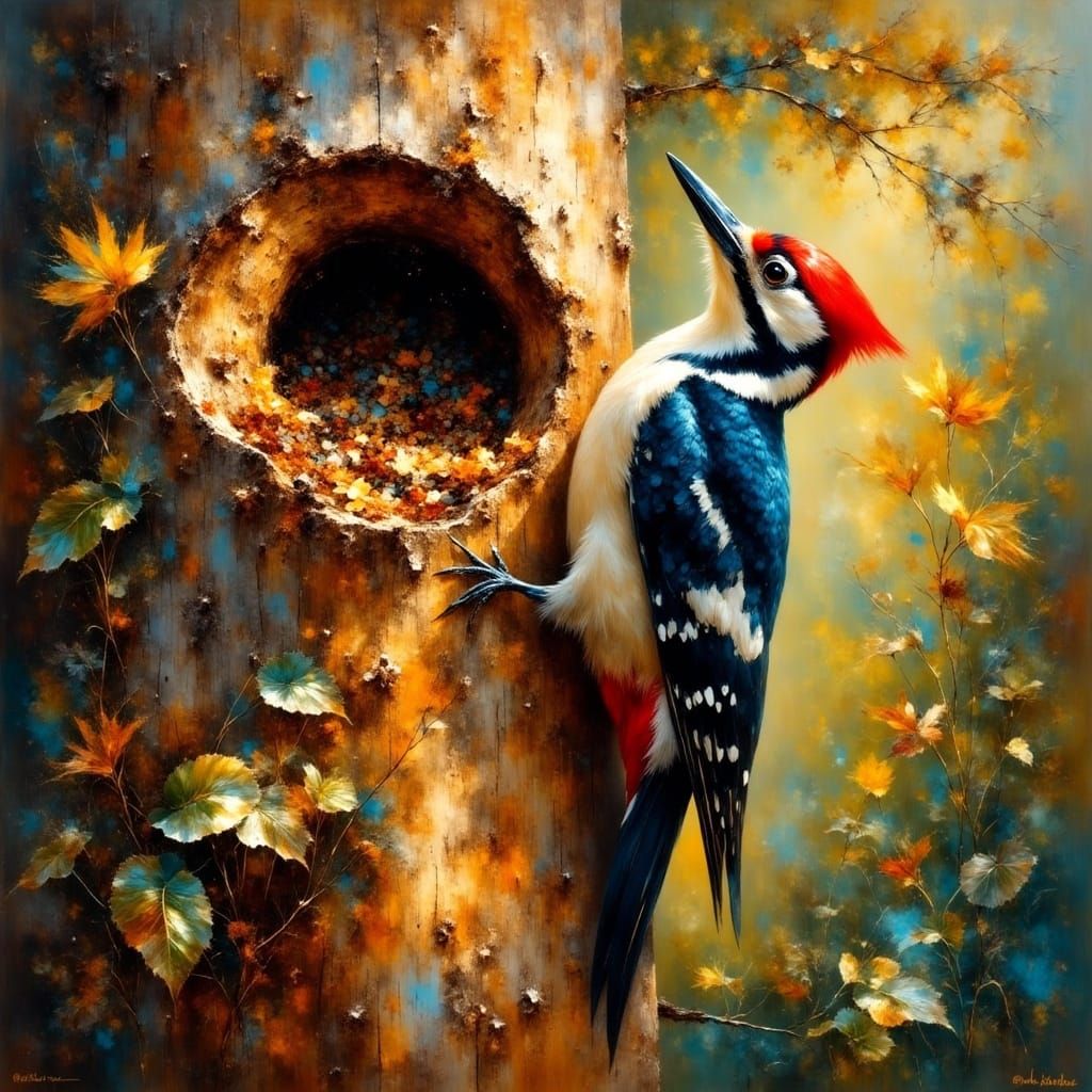 Woodpecker on Red Tree: Ethereal Visions