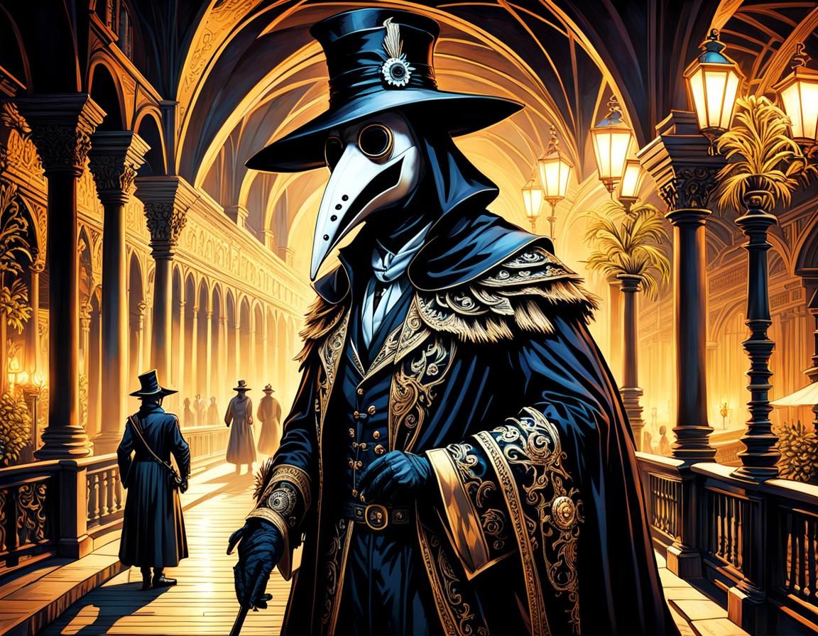 Nightmarish Plague Doctor Overlooking Venetian Bridges