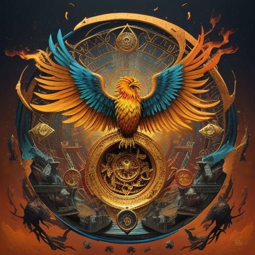 Phoenix Rising Abstract Art with Tarot and Coins