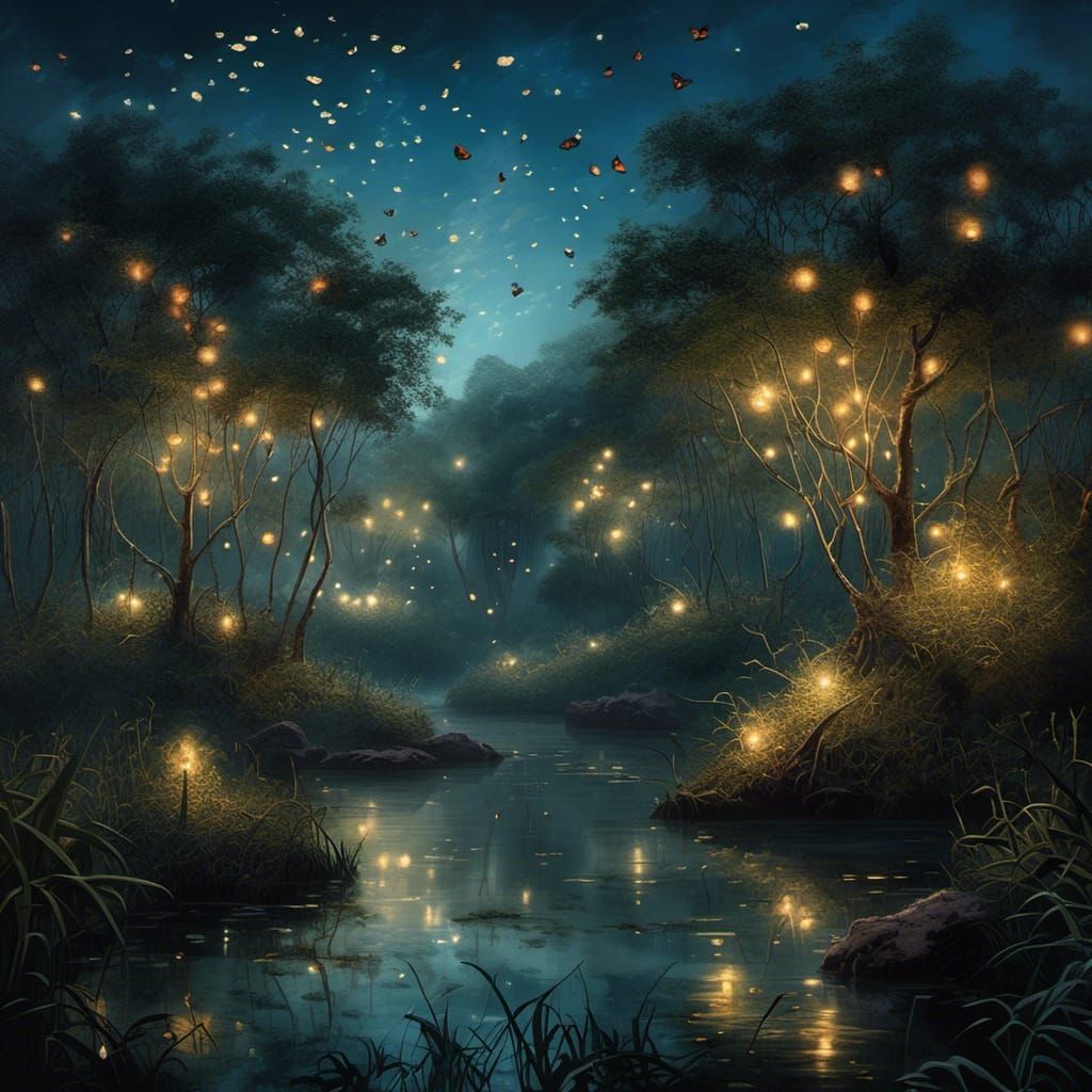 A dreamy night landscape over a mangrove, fireflies flying o...